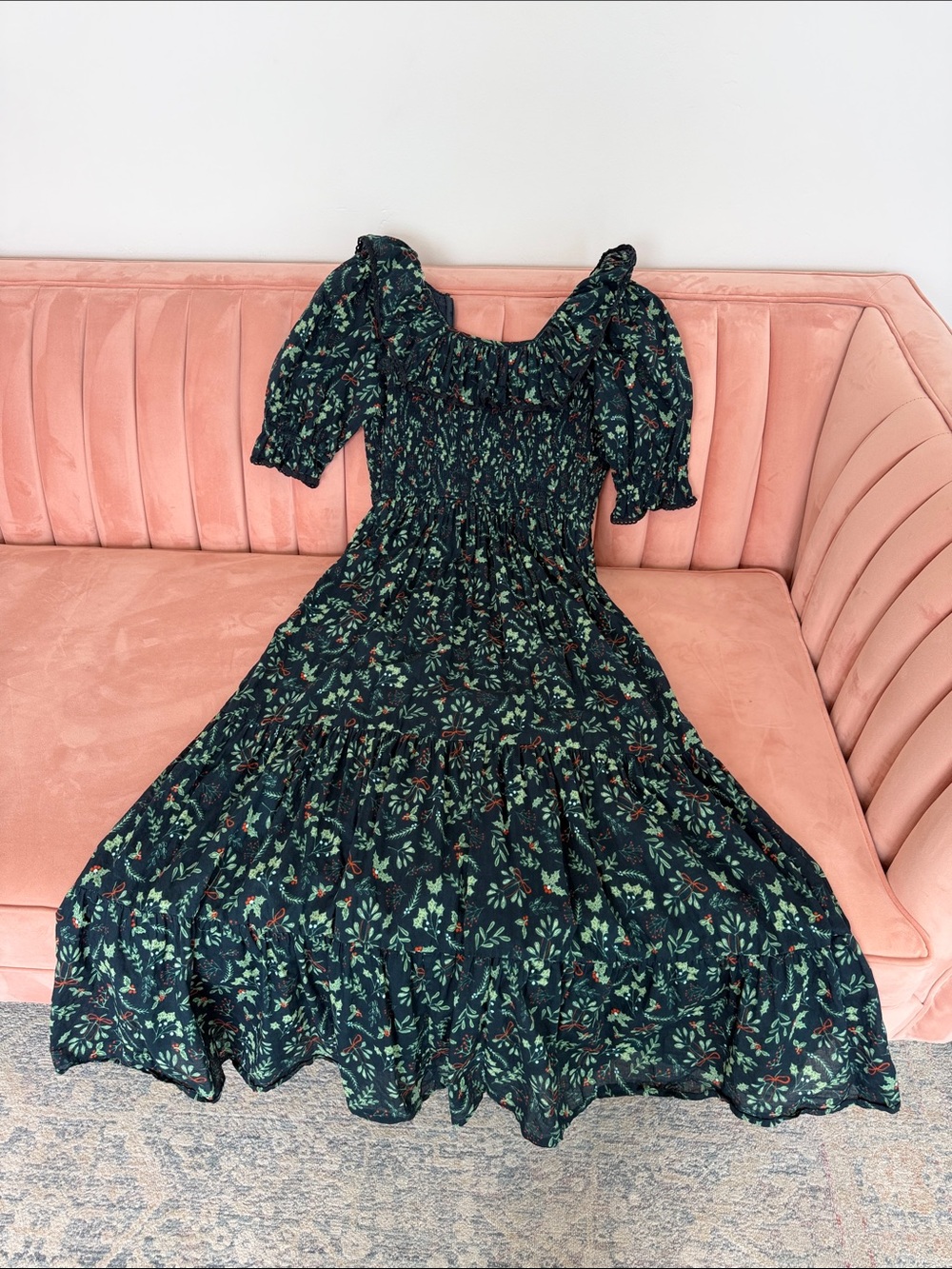 Ivy City Co Dark Green Floral Smocked Midi Dress - Xsmall, Great for Christmas!